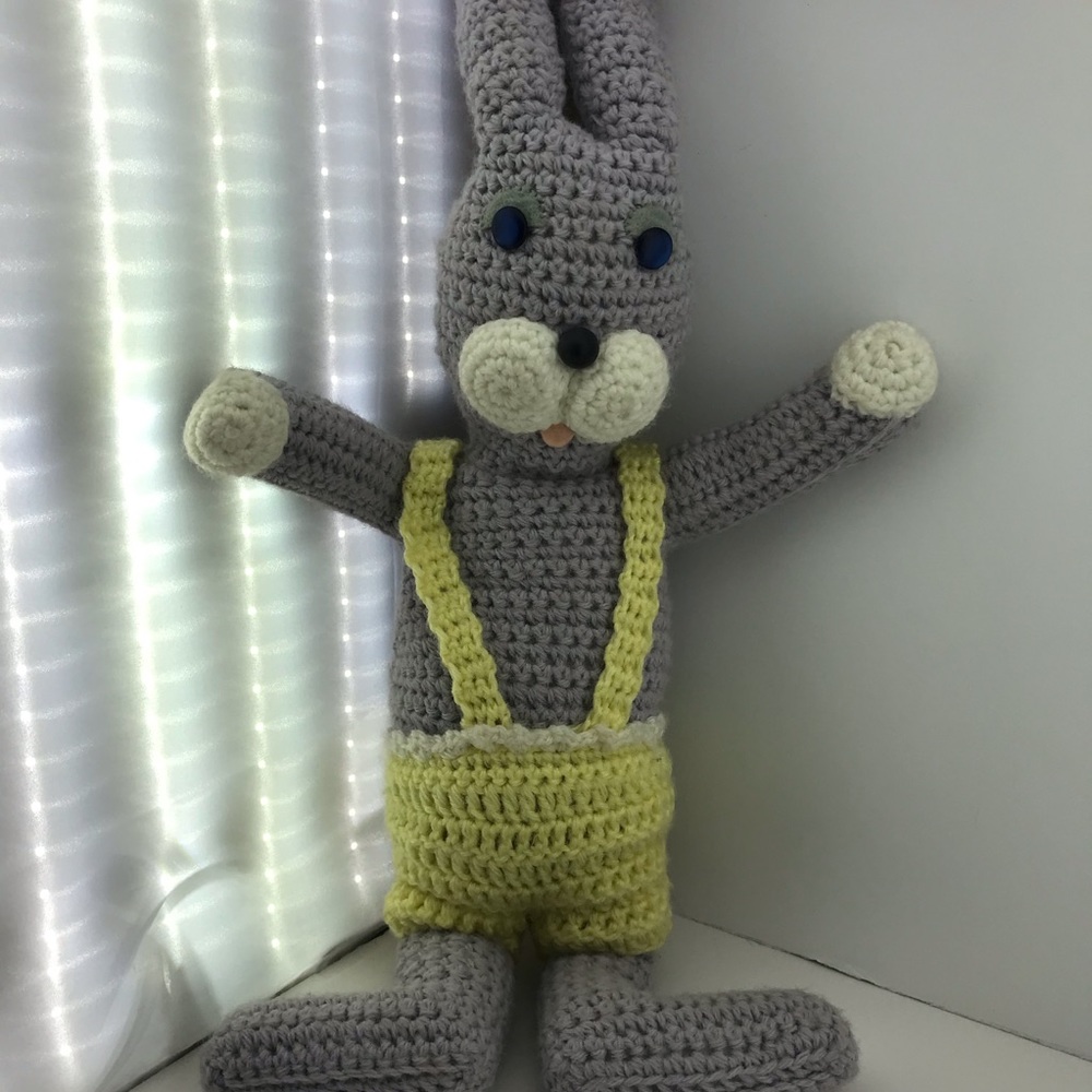 Vintage Easter Gray Yellow Crocheted Bunny Rabbit Large Gift Decoration